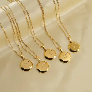 Round Coin Disc Engraved Custom Letter A Z Initial Zircon Pendant Gold Plated Alphabet Fashion Jewelry Necklace For Women 2024