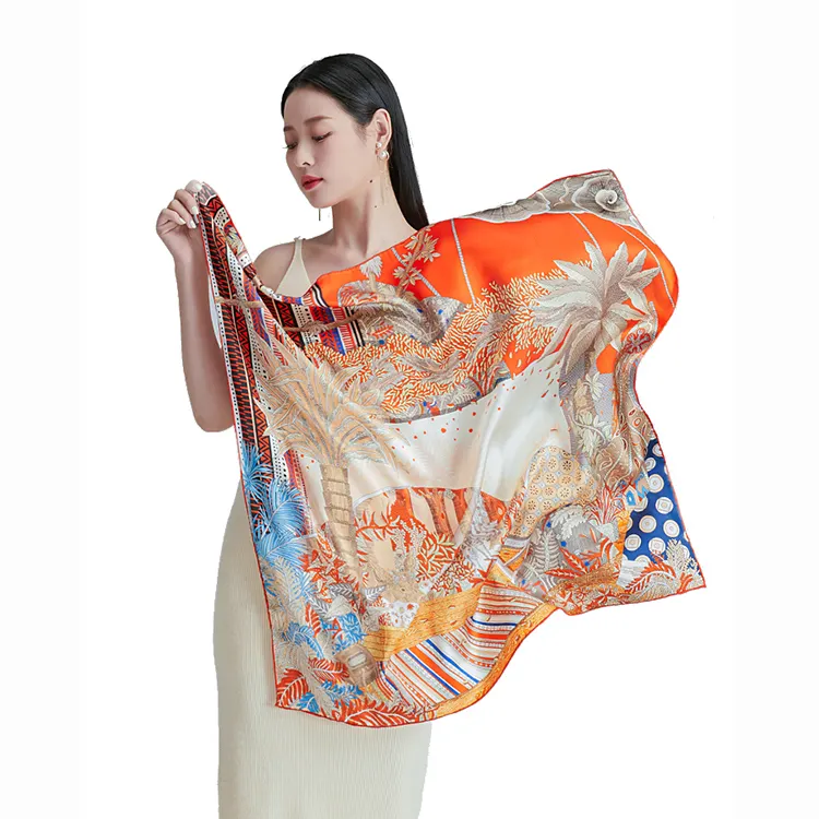 China Square Fashion Ladies Scarf Custom Logo Printed Silk Scarves Satin Scarf