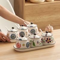 Pot de rangement en céramique à motifs floraux peints, pot à sel et poivre, boîte de rangement pour ustensiles de cuisine avec couvercle, bouteille à épices, décoration d'intérieur