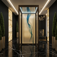 Cabine panoramique élévatrice avec verre trempé incurvé, cadre en acier finition titane, éclairage LED décoratif et sol en marbre