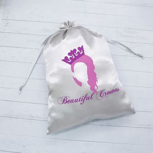 Luxury Custom logo Large Silver Satin Wig Bag <b>Drawstring</b> Satin Hair Packing <b>Pouch</b> - Product Image 5