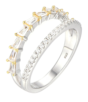 Bague double en argent sterling 925 avec zirconiums cubiques taille baguette, plaquée or bicolore, empilable pour femme, vente en gros