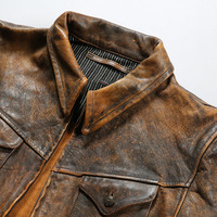 Jaket Kulit Asli Pria Berkualitas Tinggi untuk Pengendara Motor & Biker, Kerah Lipat, Banyak Kantong, Kulit Sapi Vintage yang Dicuci