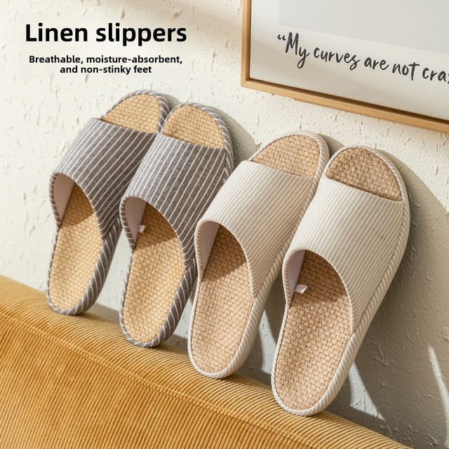 Summer Linen Slippers Mute Cotton Fabric Anti-slip Thick-Soled EVA Home Couple Floor Slippers
