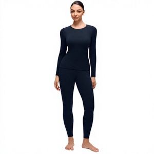 2 Piece Yoga Set High Waist Leggings Crew Neck <b>Long</b> <b>Sleeve</b> <b>Top</b> Seamless Solid Black Full Length <b>Workout</b> Wear - Product Image 1