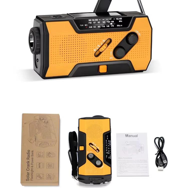 Radio solaire d'extérieur multifonction portable à manivelle pour les urgences, avec radio météo AM/FM, avec lampe de poche LED / avec batterie intégrée de 1000 mAh, alarme SOS d'urgence