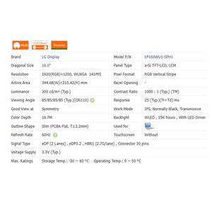 1000:1 LP160WU1-SPD1/H1/B1 16.0 "No Touch 16:10 Laptop LCD ekranı modül 1920*1200 WLED EDP 30 Pins 65% SRGB 300 Cd/<span class=keywords><strong>m</strong></span>² - Product Image 6