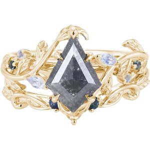 Ensemble de bagues vintage sel et poivre serties de diamants, bague de fiançailles taille cerf-volant 1,5 carat pour femme, en argent sterling 925, motif végétal - Product Image 6