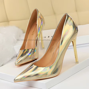 European Style Metal Bright Patent Leather Shallow Mouth <b>Pointed</b> Sexy Nightclub Show Skinny High Heel Shoes - Product Image 4