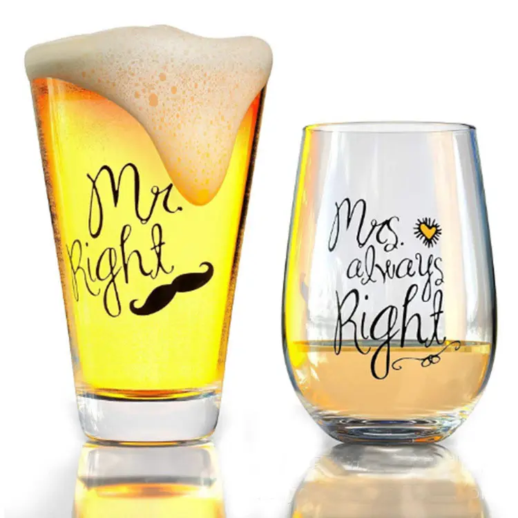 Mr Right and Mrs Always Right Beer Wine Glass Couples Cups Gifts Set for Engagement