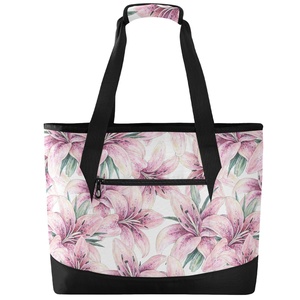 Pink Lily Flowers Print Tote Bag Custom 36 Cans Portable Insulated Cooler Lunch Bag with Shoulder - Product Image 2