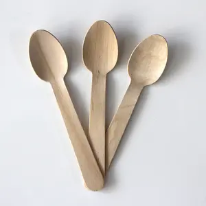 Custom Logo Food Grade Disposable Travel Cutlery Set Natural Wooden Birch Spoon Tableware Ice Cream Spoon Dessert Cake Spoon