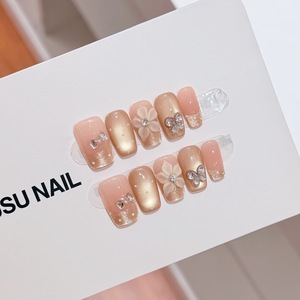 Faux film de protection pour ongles, carré moyen, doré champagne, à paillettes, à pois, avec fleurs et papillons 3D, effet œil de chat dégradé, pour mariage - Product Image 1