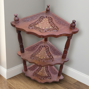 Wooden Handmade Luxury Eco-Friendly Three Tier Carved Design Floor-Standing Foldable Corner <b>Shelves</b> Brass Inlay for Living Room - Product Image 3