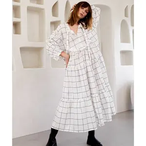 ENYA Women Bali Style Oversized Smock Dress Striped Loose Skirt Grid Maxi Autumn Cotton Poplin Dress Wear with Knit Vest