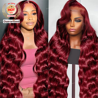 Perruque en cheveux humains Remy indiens 99J, couleur bordeaux, 30 pouces, 13x6 HD transparente, lisse, sans colle, sans perte de cheveux, douce