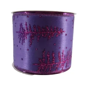 工厂价格圣诞家居装饰可定制印花图案紫色闪光松树丝带有线紫色圣诞丝带