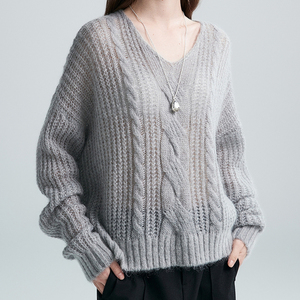 Pull oversize en <span class=keywords><strong>mohair</strong></span> pour femme, col en V, anti-boulochage, épais, toucher duveteux, pour l'automne/hiver, tricot minimaliste en laine, respirant, décontracté - Product Image 3