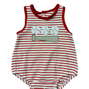 ชุดรอมเปอร์เด็กทารก SR4148 แบบกำหนดเอง ขายส่งลายทางสีแดงขาว ปักลายเบสบอล ชุดจั๊มสูทแขนกุดสำหรับเด็กผู้หญิง - Product Image 1