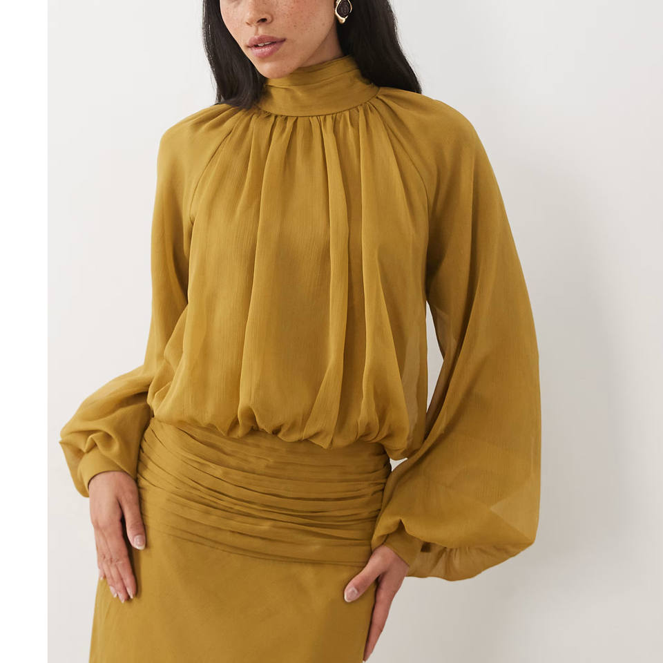 Women's Summer high neck drape chiffon maxi dress with neck tie Long ...