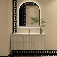 Meuble-lavabo mural de luxe moderne cannelé avec vasque et miroir LED pour projets hôteliers et d'appartements