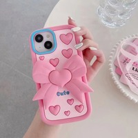 Casing HP Silikon Kartun 3D Lucu Bentuk Hati Merah Muda dengan Pita Kupu-kupu dan Penyangga untuk iPhone 16 15 14 13 12 11 Pro Max Xs Max