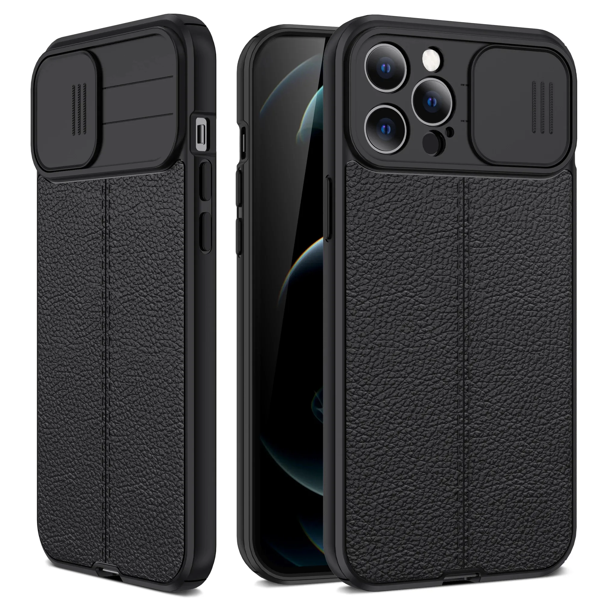 Luxury Shockproof Slide Camera Lens Leather Phone Case for iPhone 11 Pro Max 12 13 Mini Soft Back Cover Protection Phone Case