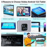 Tablette Android portable Veidoo Pad 13 pouces avec 4G LTE et Wi-Fi 5G, processeur octa-core 100 % plus rapide pour le divertissement