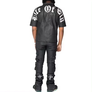 Custom Redesign Private Label Sweat Suits Men Leather Custom Logo Fit Two Piece Sweatsuit Set Leather Tracksuit - Product Image 3