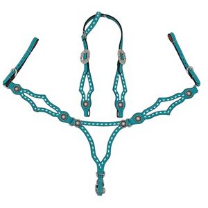 Kaamkaaj Juego de Arreos para Caballo de Cuero Genuino Estilo Western con Costuras de Hebilla Personalizables para Montar Modelo KKJ: Cabezada y Pechopetral - Product Image 1