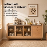 Buffet de luxe rétro moderne avec portes vitrées, placage frêne et bois d'hévéa massif, meuble de rangement pour vin et café, pour salle à manger et cuisine