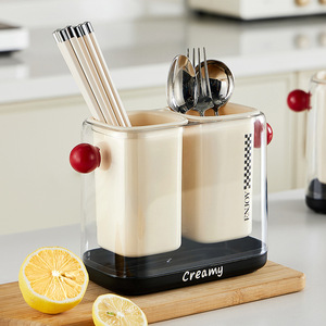 Creamy Double Compartment Chopstick Holder With Stand Kitchen Storage Rack Square Plastic Draining Rack Multipurpose - Product Image 1