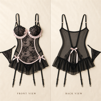 Ensemble de lingerie corset en dentelle noire et rose, bretelles réglables, semi-transparent, 2 pièces, sous-vêtements pour femmes