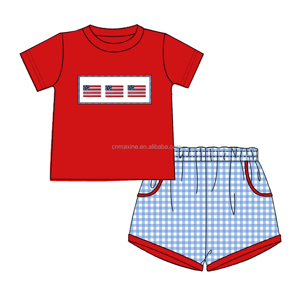 2024 Schlussverkauf Jungs Sommer 4. Juli Unabhängigkeitstag USA Fahnen Stickerei Shorts Kinder-Set