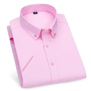 Nouveauté : Chemises habillées décontractées respirantes pour hommes, chemise élégante à manches courtes de couleur unie, élastique, pour l'été - Product Image 3
