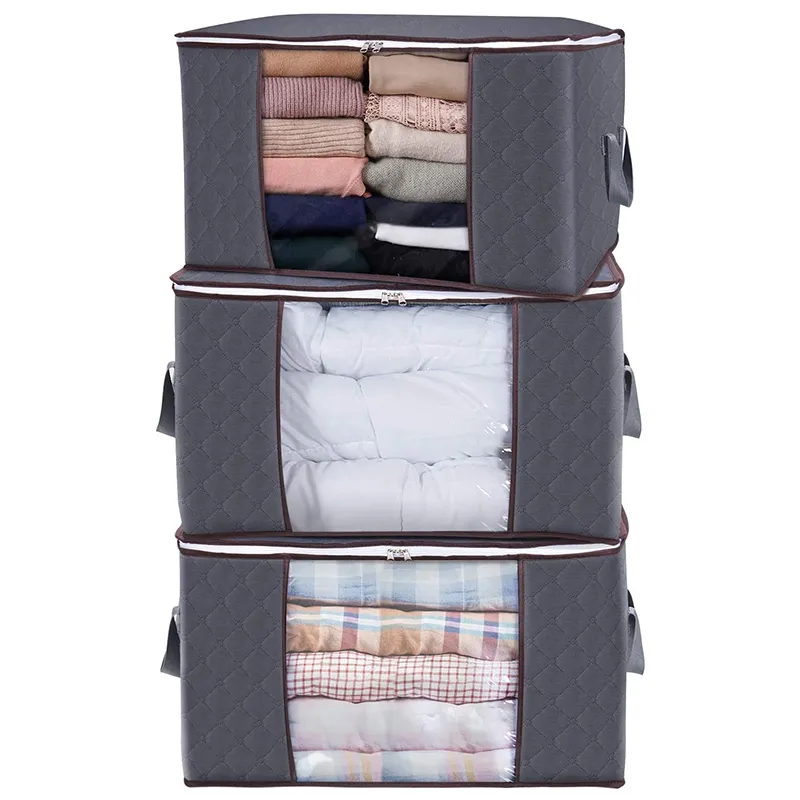 3Pcs foldable and breathable wardrobe manager with handle and clear window suitable for quilts blankets and clothing storage bag