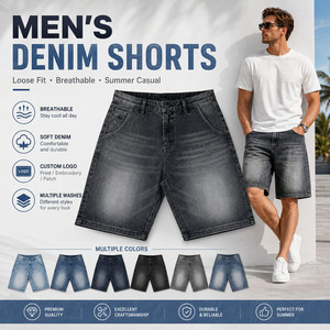 Shorts en <span class=keywords><strong>jean</strong></span> rétro américains pour hommes avec logo personnalisé OEM, ourlet brut, coupe ample, fabriqués par une usine professionnelle, shorts délavés - Product Image 1