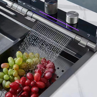 Robinet de cuisine multifonctionnel intelligent en acier inoxydable 304, ensemble de lavabo de cuisine moderne noir en cascade, lumière LED, touches de piano