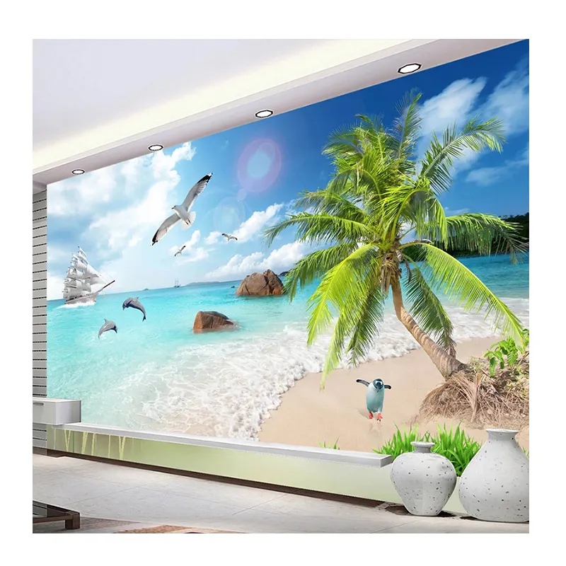 KOMNNIカスタム任意のサイズの壁画壁紙3D海景風景ココナッツツリービーチフレスコリビングルームTVソファ寝室の壁紙