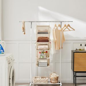 5 <b>Shelf</b> Hanging Closet Organizer Beige Foldable With Side Pockets For Bedroom Storage - Product Image 4