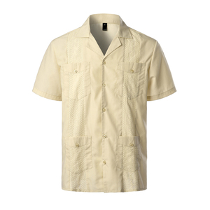 Venta al por mayor de los hombres Casual Chambray Pintuck Panel geométrico camisa de manga corta de popelina Chemise estilo mexicano cubano <span class=keywords><strong>Guayaberas</strong></span> - Product Image 1