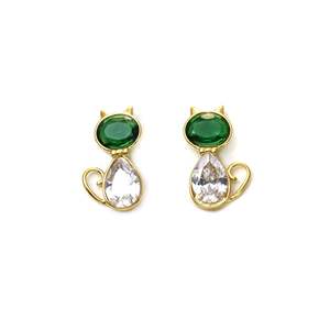 Fashion Drop <b>Earrings</b> PVD Gold Plated 316L Stainless Steel Sustainable Resistant Cat Design Green <b>Crystal</b> <b>Studs</b> - Product Image 1