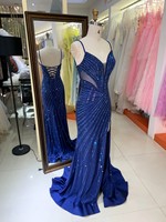 Robe de soirée longue, coupe trapèze, bleu roi moderne, col en V, bretelles spaghetti, à lacets, fente haute, personnalisable, vente en gros, direct usine