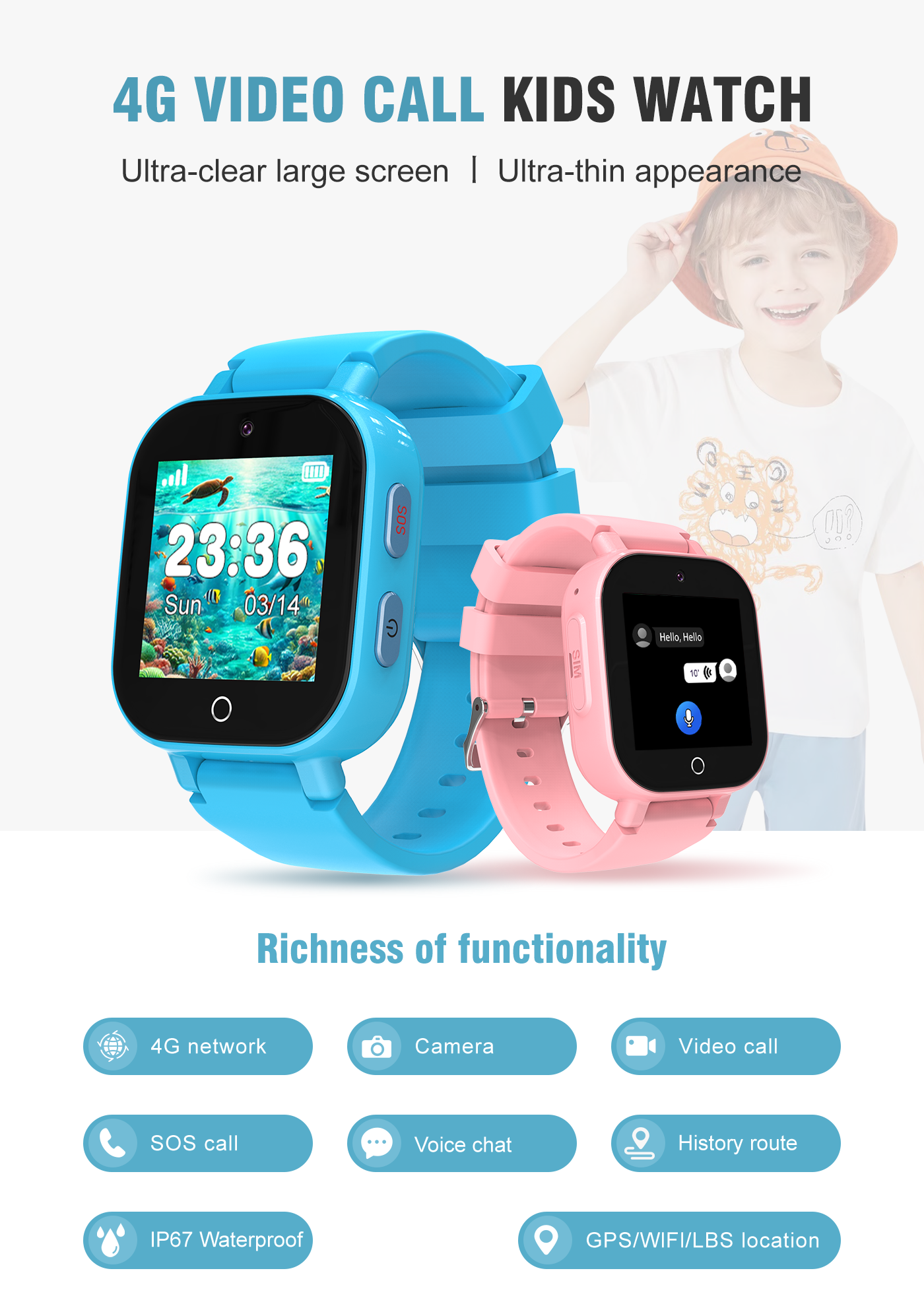 LT60 Kids Smart Watch for Children GPS Tracker Wi-Fi SOS Call