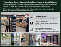 Présentoir à cigarettes et tabac sur mesure au design industriel original avec écran numérique Wi-Fi et porte à déverrouillage à distance