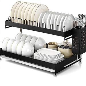 Égouttoir à vaisselle en métal noir à 2 niveaux avec porte-couverts et égouttoir pour cuisine - Product Image 1