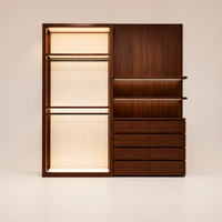 Étagère de présentation de vêtements de luxe en fer doré avec cadre en bois de noyer, éclairage LED, étagère murale pour boutique avec tiroirs de rangement