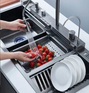 Évier de <span class=keywords><strong>cuisine</strong></span> intelligent à double bac en acier inoxydable 304 noir nano, avec station de lavage de tasses intégrée, pour maison moderne, hôtel, vente en gros, OEM - Product Image 3
