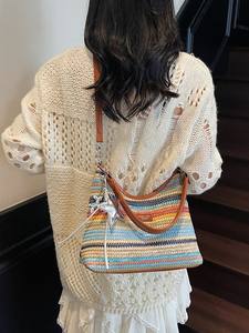 2026 Niche Design Rainbow Woven Bag for Women Retro Vintage <strong>Ladys</strong> Simple Shoulder Bag Zipper Closure Polyester Lining Beach Bag - Product Image 3