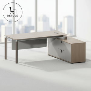 Bureau <span class=keywords><strong>de</strong></span> direction moderne en forme <span class=keywords><strong>de</strong></span> L, en panneaux <span class=keywords><strong>de</strong></span> fibres à densité moyenne, finition bois <span class=keywords><strong>de</strong></span> noyer + gris nacré - Product Image 2